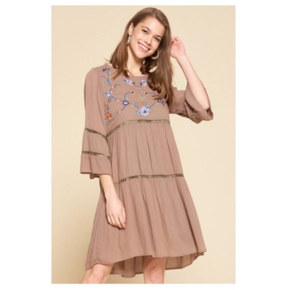 ODDY Dresses & Skirts - NWT Oddy Brown Boho Floral Embroidered Dress, L